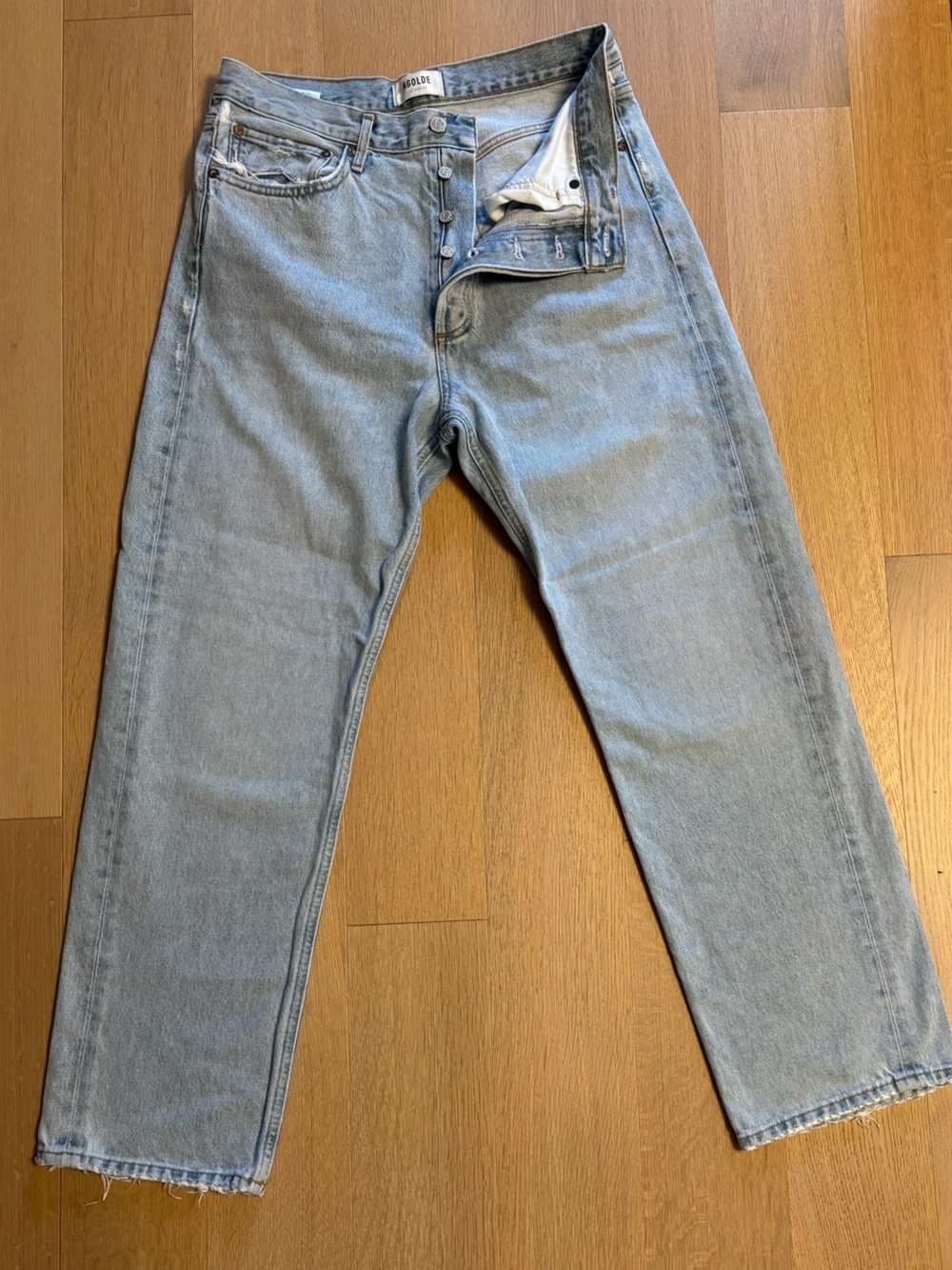 AGOLDE JEANS - Light Wash Straight Leg Button Fly Raw Hem